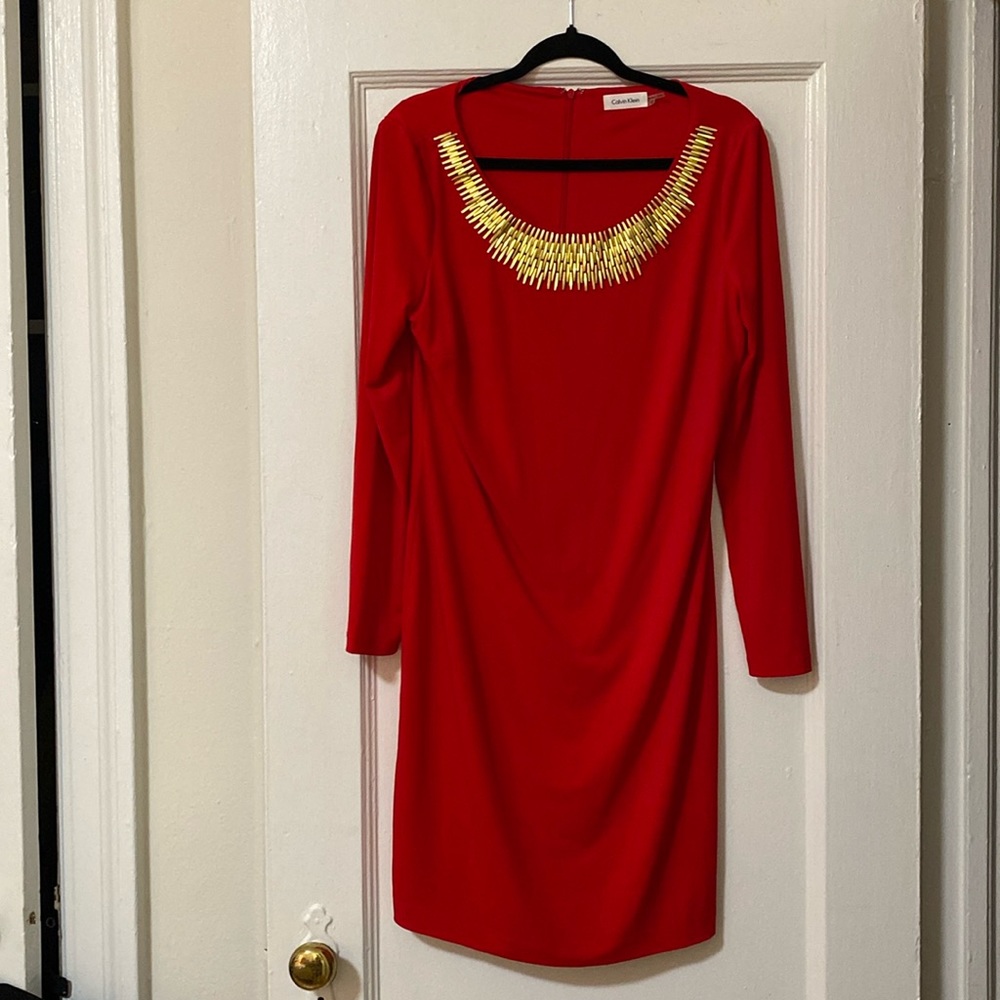 Calvin Klein Red Knee Length Dress with Gold Embellishment, 12